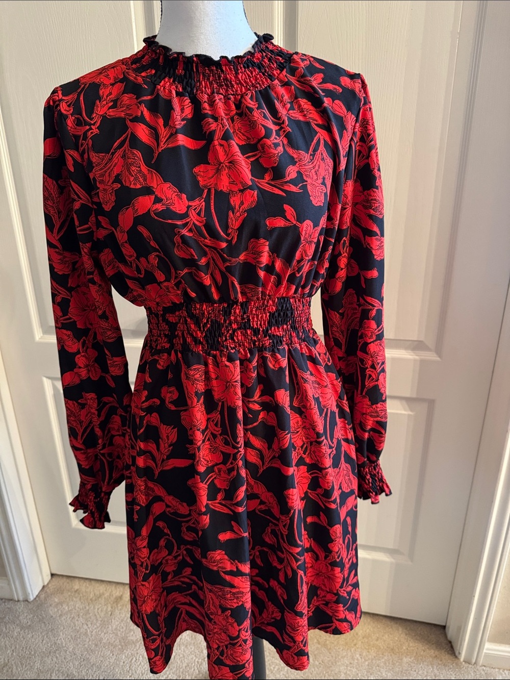 Red Floral Smocked-Waist Long Sleeve Dress - Size Large